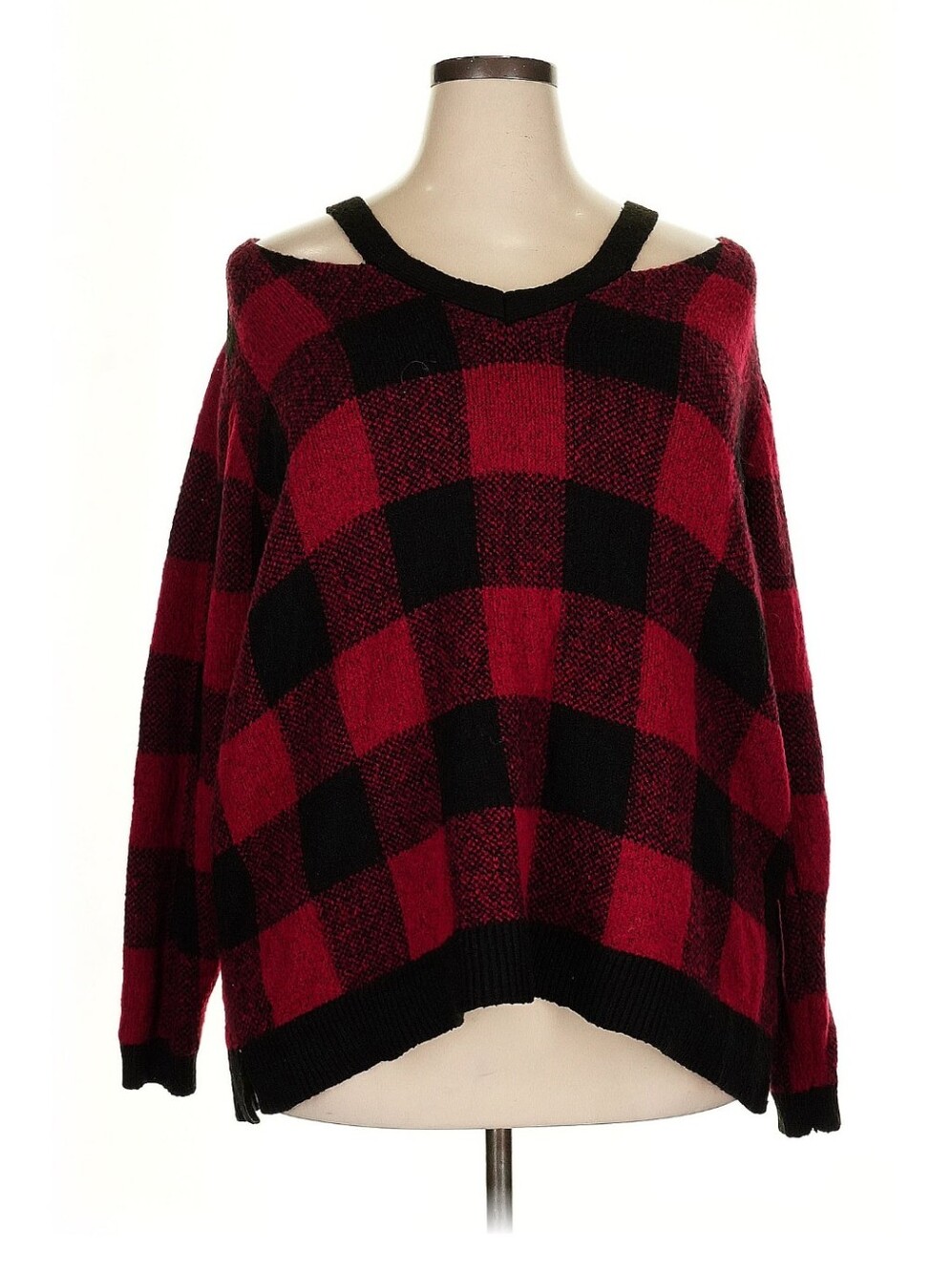 Maurices Red and Black Plaid Off-Shoulder Sweater